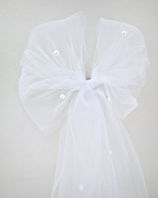 Long Oversized Tulle Bow Hair Barrette with Scattered Pearls