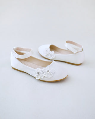 Satin Flower Girls Ballet Flats with All Pearls Chassia Flowers