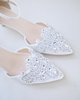 Satin Pointy Toe Low Heels with Rhinestones Applique