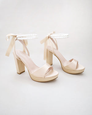 Satin Platform Block Heel Sandals with Double Pearls Ankle Strap