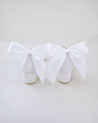 white crochet lace wedding heel sandals with bow