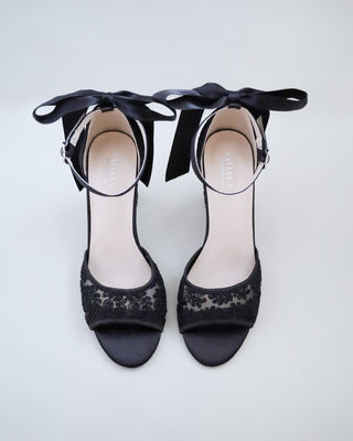 black crochet lace block heels bridal sandals with back satin bow
