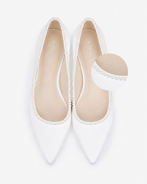 Satin Pointy Toe Wedding Flats with Mini Pearls