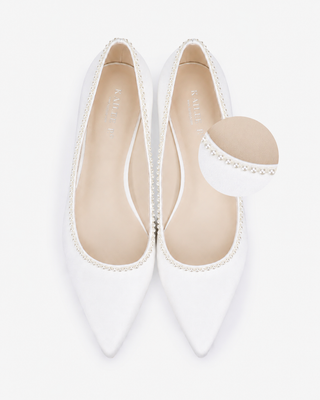 White Satin Pointy Toe Wedding Flats with Mini Pearls, Women Shoes