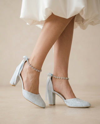Light Blue Lace Block Heel with Amaryllis Crystal Strap, Bridal Shoes