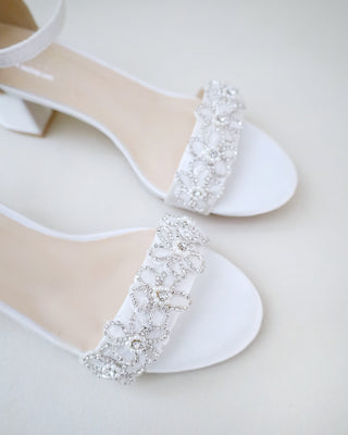 Satin Block Heel Wedding Sandals with Rhinestones Chassia Flower