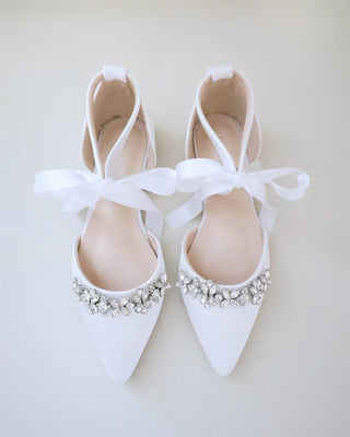 Satin Pointy Toe flats with Floral Rhinestones Embellishment