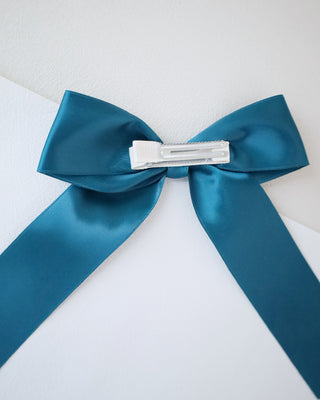 dark teal satin long tail hair bow for girls