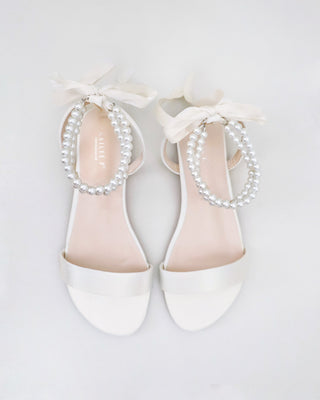 Ivory Satin Wedding Flat Sandal with Double Pearls Strap