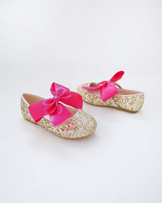 Gold Rock Glitter Mary Jane Flats with Fuchsia Satin Bow