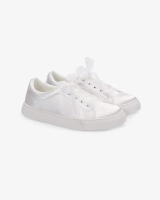 White Satin Wedding Platform Sneakers with Sheer Lace Bow