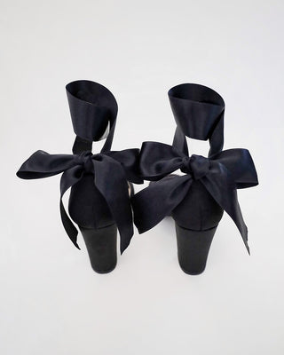 Black Satin Evening Heels Sandals with Wrapped Ribbon Tie
