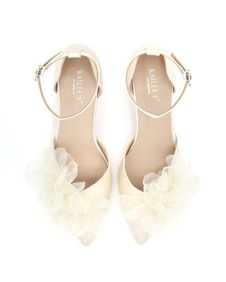 Satin Pointy Toe Low Block Heels Wedding Shoes with Ophelia Flowers