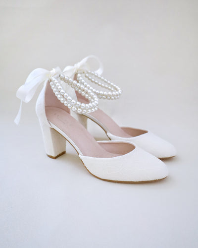 ivory lace wedding block heels with pearls strap