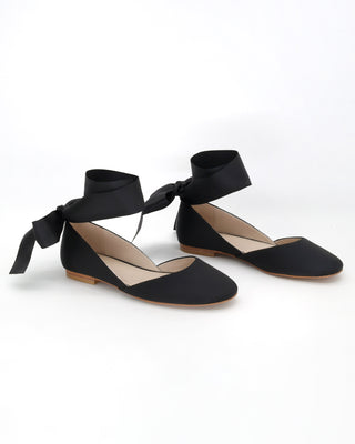 Black Satin Round Toe Evening Flat with Wrapped Ribbon Tie