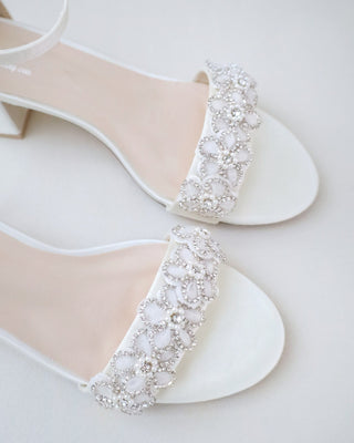 Satin Block Heel Wedding Sandals with Rhinestones Chassia Flower