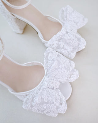 Crochet Lace Block Heel Sandals with Oversized Crochet Lace Bow