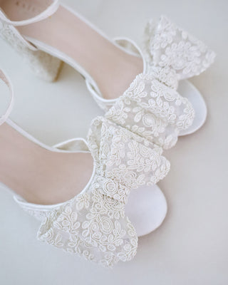 Crochet Lace Block Heel Sandals with Oversized Crochet Lace Bow