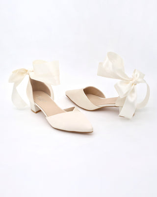 Satin Pointy Toe Low Block Heels Wedding Shoes with Wrapped Ribbon Tie