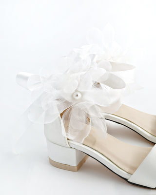 Satin Block Heel Girls Sandals with Ophelia Flowers