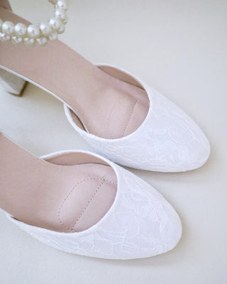 white lace wedding block heels with pearls strap