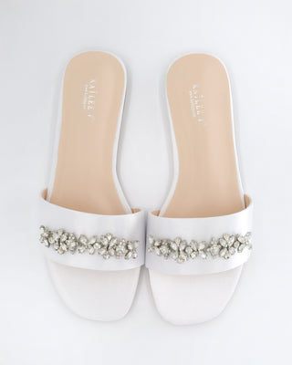 Satin Slip on Sandals with with Floral Rhinestones