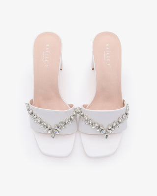 White Comfortable Sparkly Rhinestone Satin Wedding Slide Block Heels