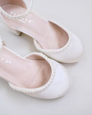 Ivory Satin Block Heels with Mini Pearls for Girls