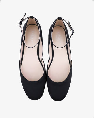 Black Satin Round Toe Evening Flat with Ankle Strap