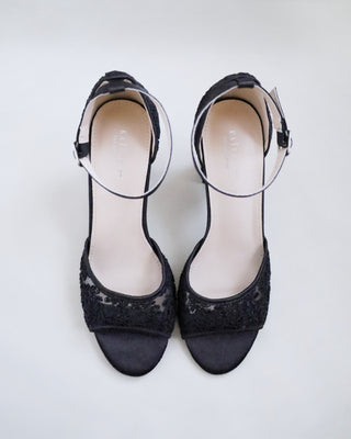 black crochet lace wedding block heels