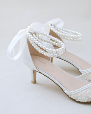 ivory crochet lace low heels with pearls ankle strap