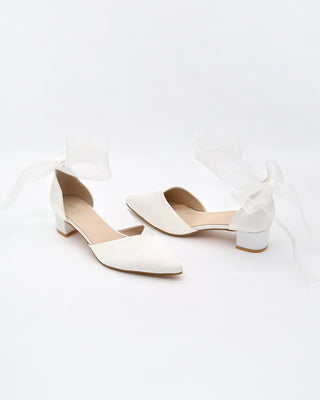 Satin Pointy Toe Low Block Heels Wedding Shoes with Wrapped Ribbon TieWomen Shoes