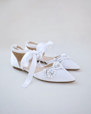 Satin Pointy Toe Flats with Small Pearls Applique Embellishment