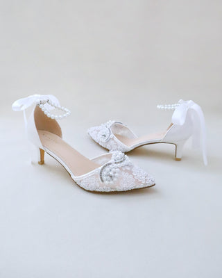 Crochet Lace Pointy Toe Wedding Kitten Low Heel with Small Pearls AppliqueWomen Shoes