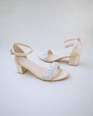 Satin Evening Block Heel Sandals with Rhinestones Chassia Flower