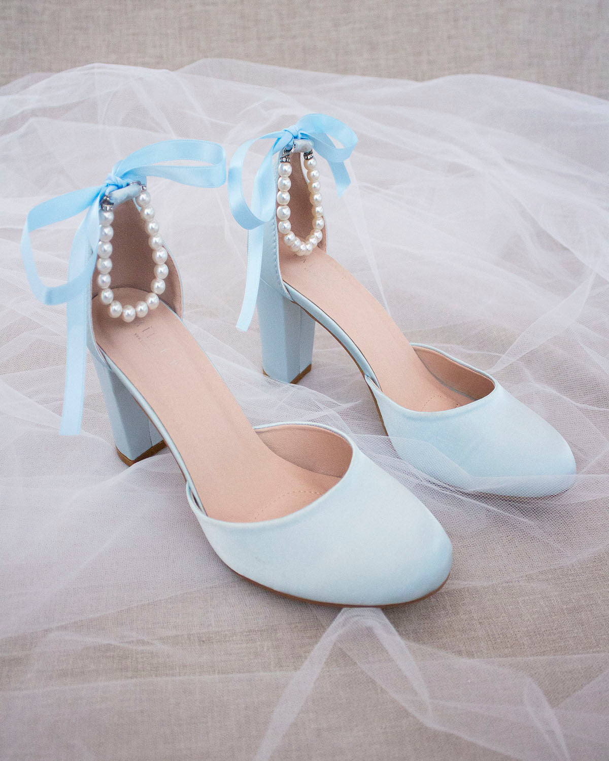 Light Blue Satin Block Heel with Pearls Ankle Strap, Bridal Shoes