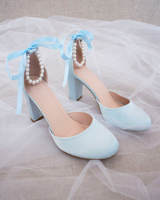Satin Block Heel with All Pearls Ankle Strap