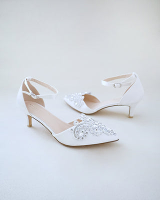 Satin Pointy Toe Low Heels with Rhinestones Applique