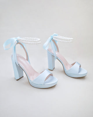light blue satin platform wedding heels with double pearls ankle strapivory satin platform wedding heels sandals with double pearls ankle strap