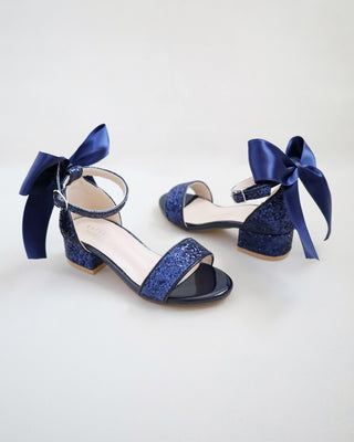 Rock Glitter Low Block Heel Girls Sandals with Back Satin Bow