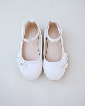 Satin Flower Girls Ballet Flats with All Pearls Chassia Flowers