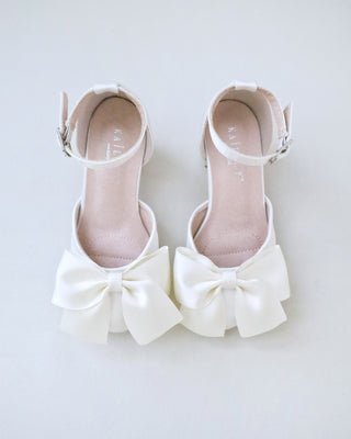 ivory satin block heels flower girls shoes with satin bow