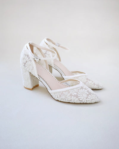 ivory lace wedding block heels