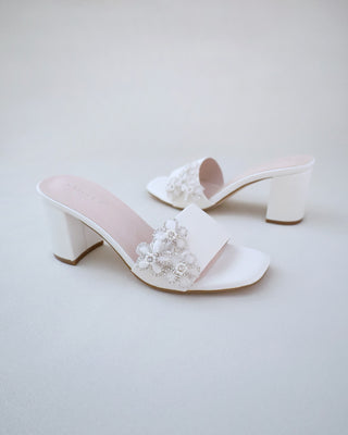 Ivory Satin Block Heels Slide Wedding Sandals with Rhinestones Chassia Flower