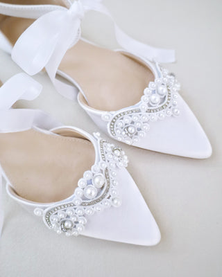 Satin Pointy Toe Flats with Small Pearls Applique Embellishment