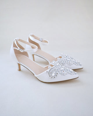 Satin Pointy Toe Low Heels with Rhinestones Applique
