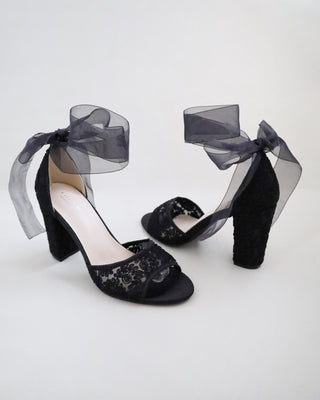 Black Crochet Lace Block Heel Evening Sandals with Wrapped Ribbon TieWomen Shoes