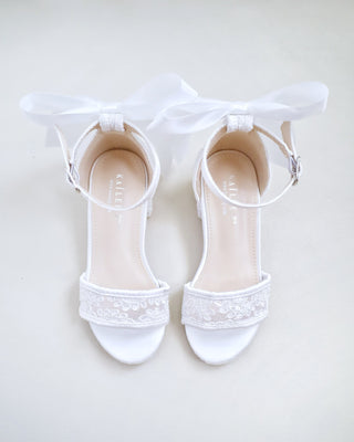 White Lace Low Block Heel Flower Girls Sandals with Back Satin Bow