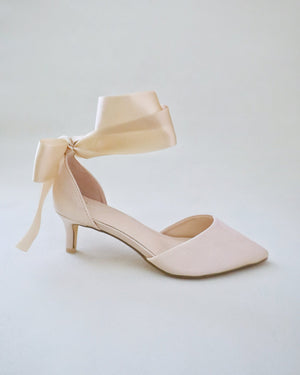 Satin Pointy Toe Kitten Low Heel with Wrapped Ankle Tie