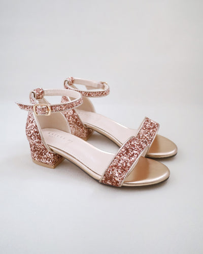 Rose Gold Rock Glitter Low Block Heel Flower Girls Sandals